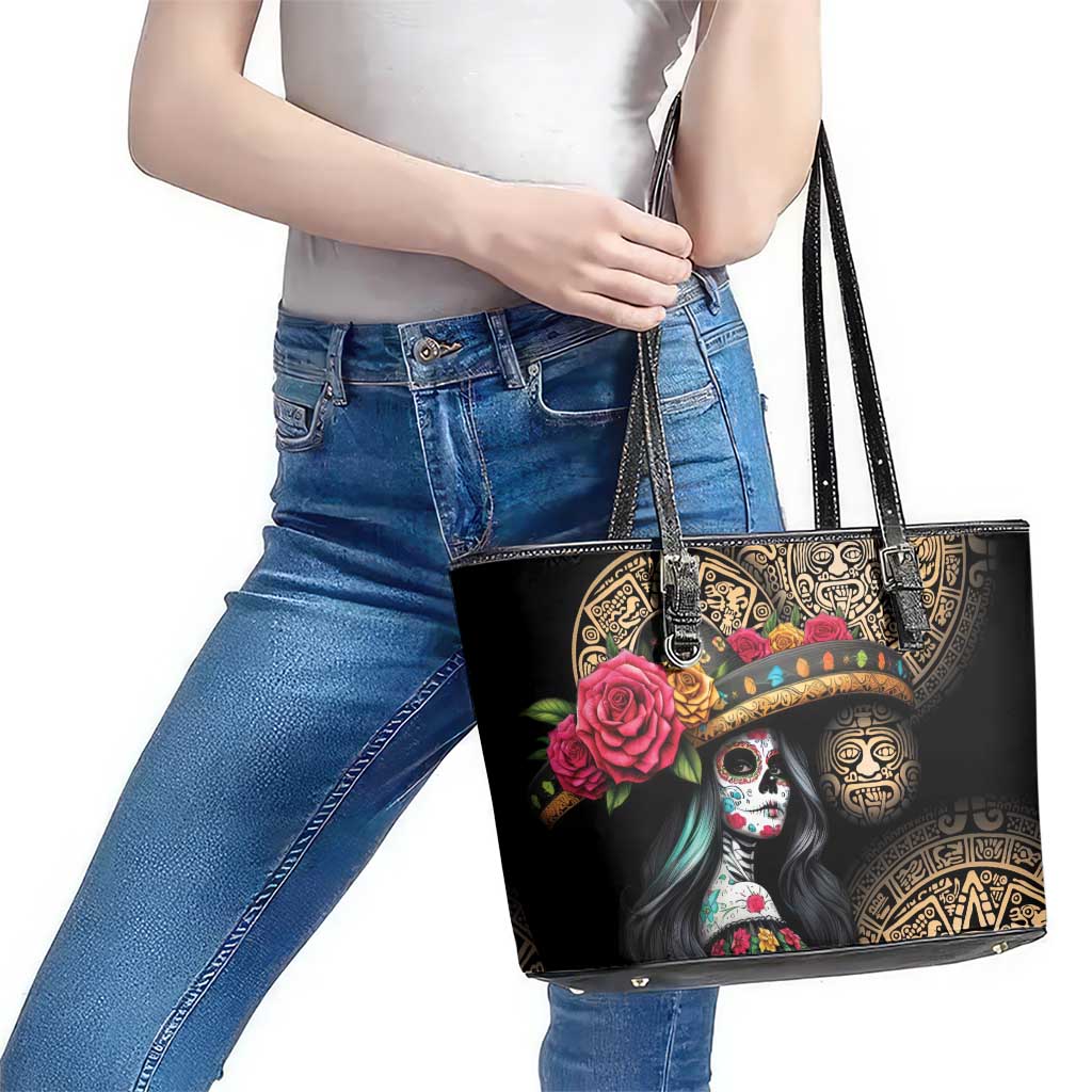 La Calavera Catrina Aztec Circle Leather Tote Bag Dia de Muertos LT01