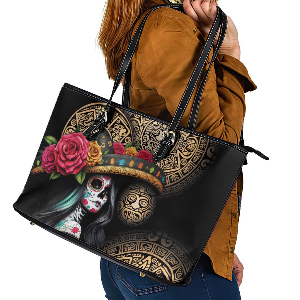 La Calavera Catrina Aztec Circle Leather Tote Bag Dia de Muertos LT01