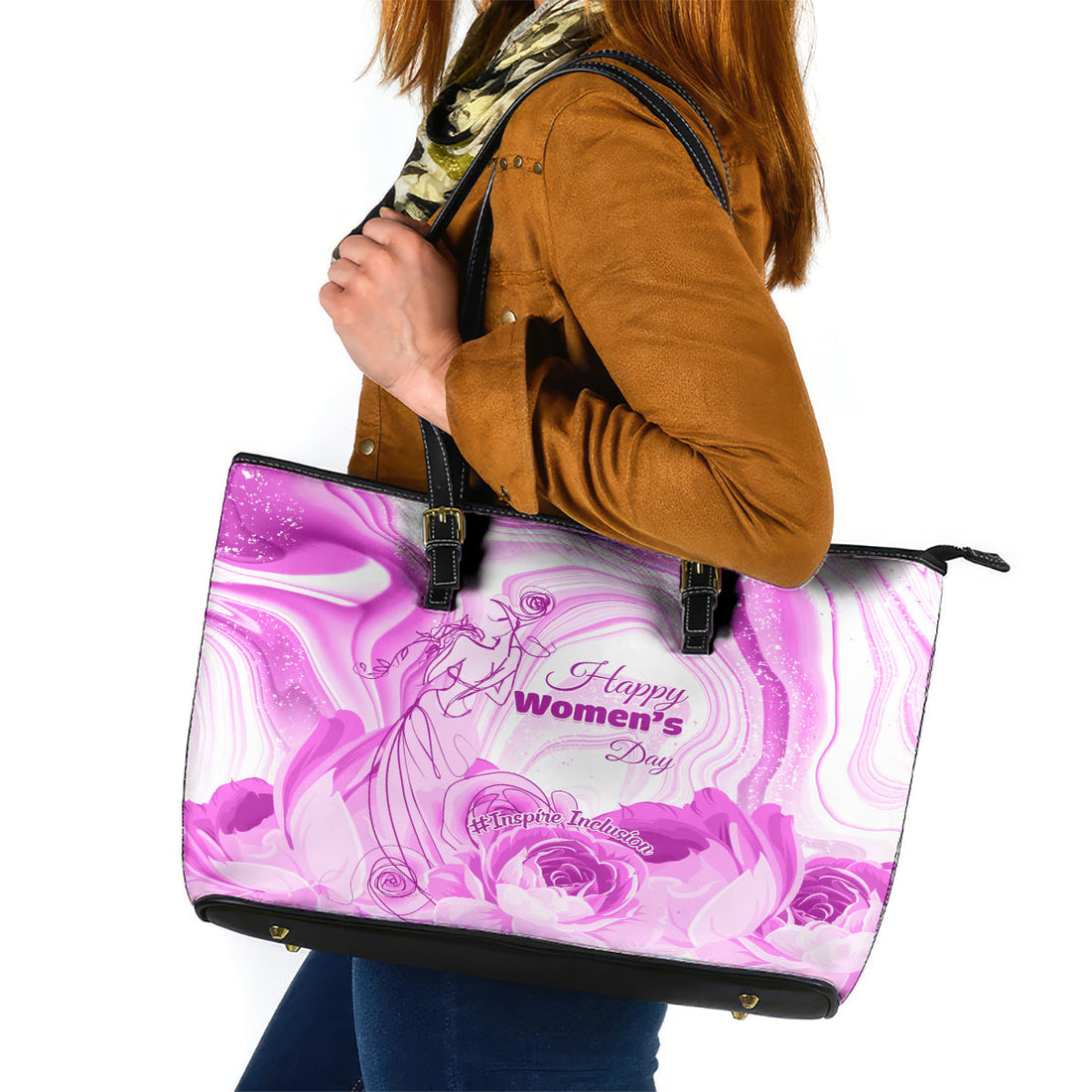 Happy International Women Day 2024 Leather Tote Bag Inspire Inclusion LT01