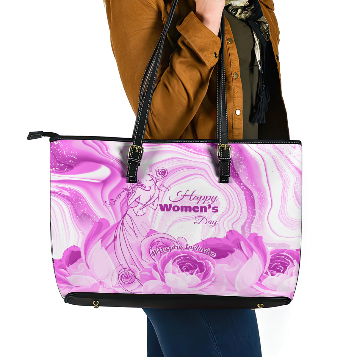 Happy International Women Day 2024 Leather Tote Bag Inspire Inclusion LT01