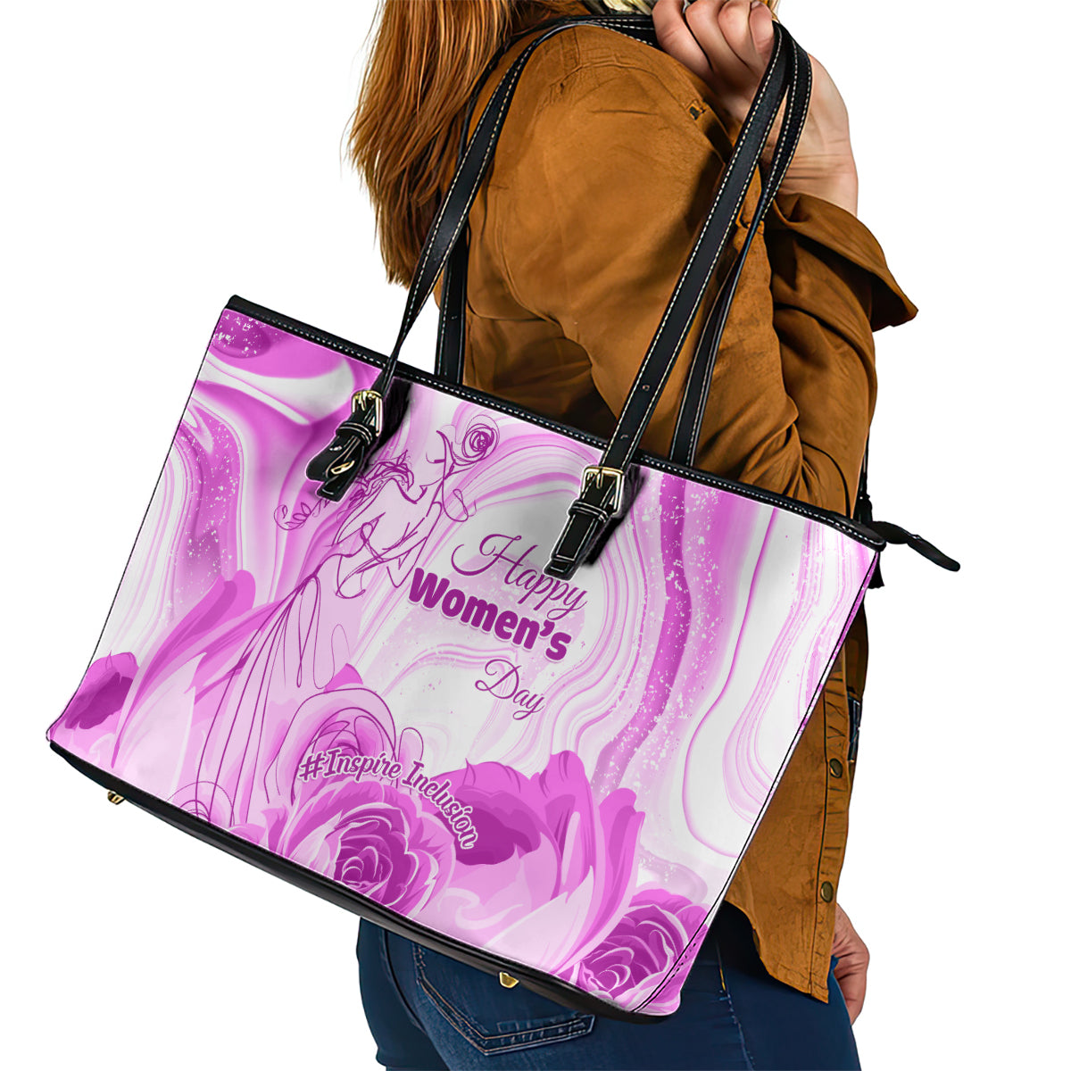 Happy International Women Day 2024 Leather Tote Bag Inspire Inclusion LT01