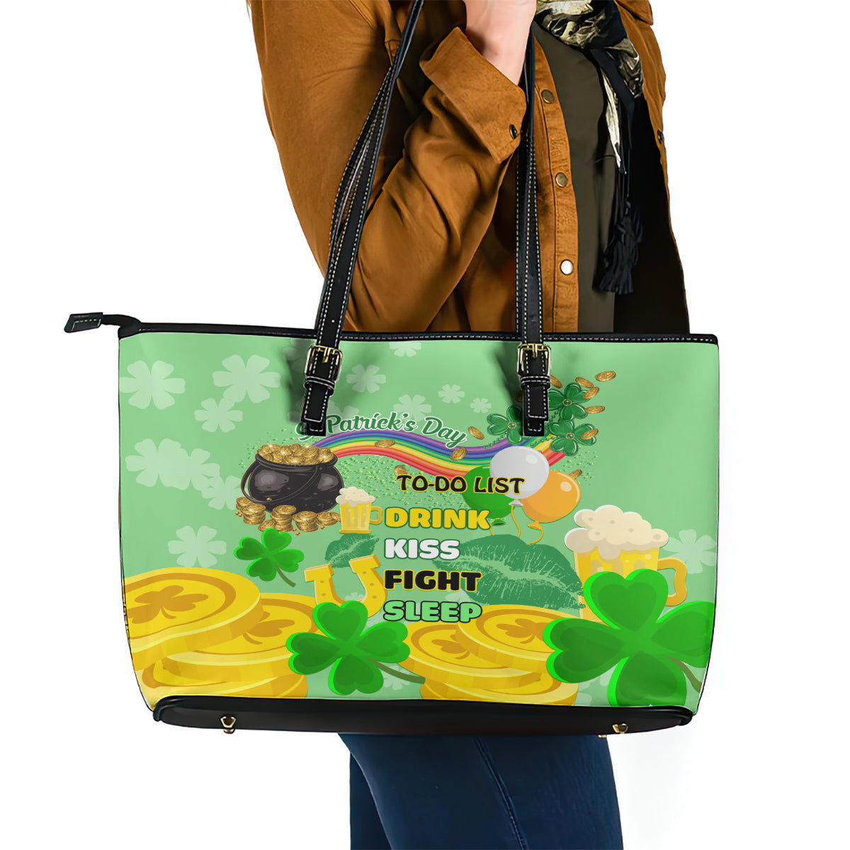 Saint Patrick Day Leather Tote Bag Shamrock To Do List LT01