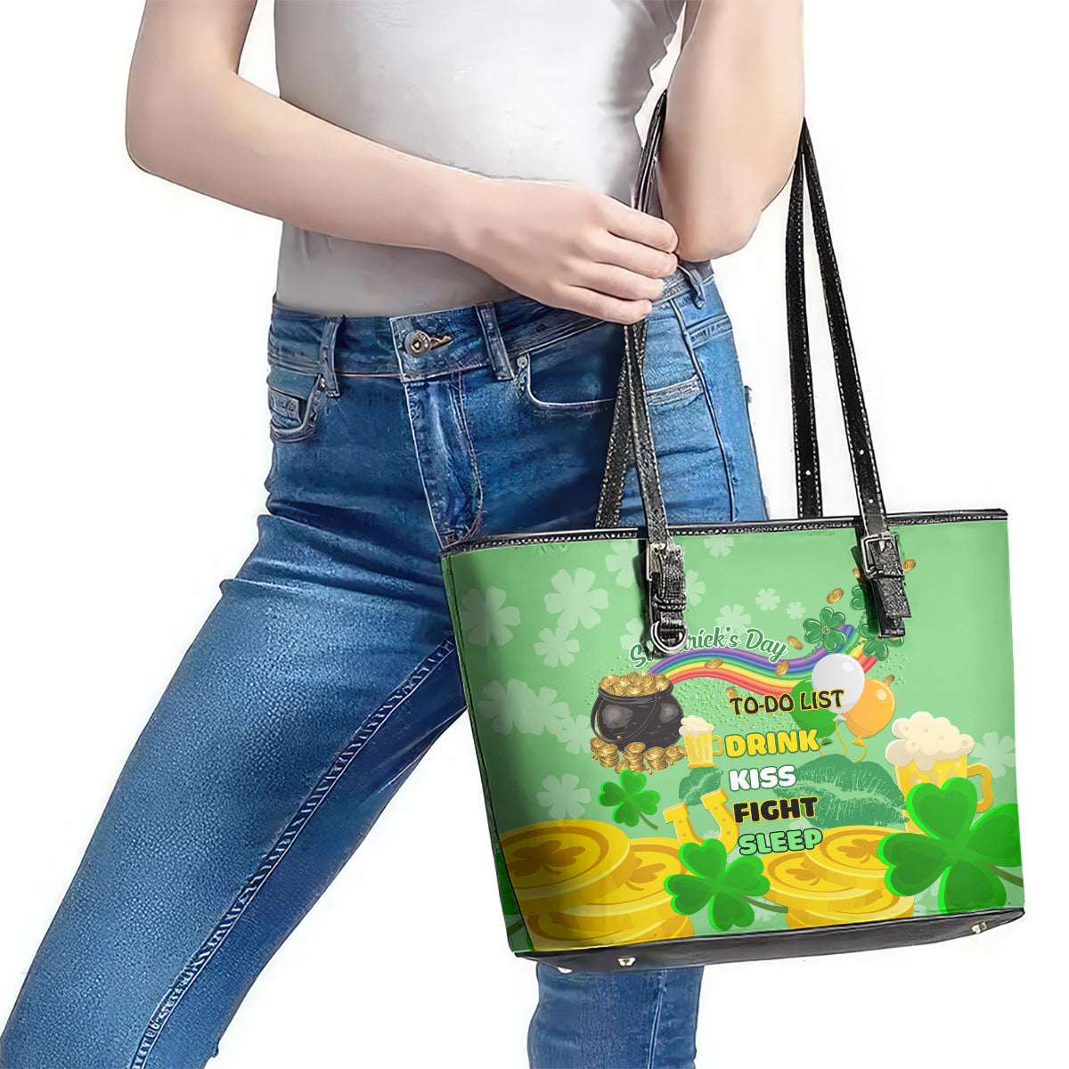 Saint Patrick Day Leather Tote Bag Shamrock To Do List LT01