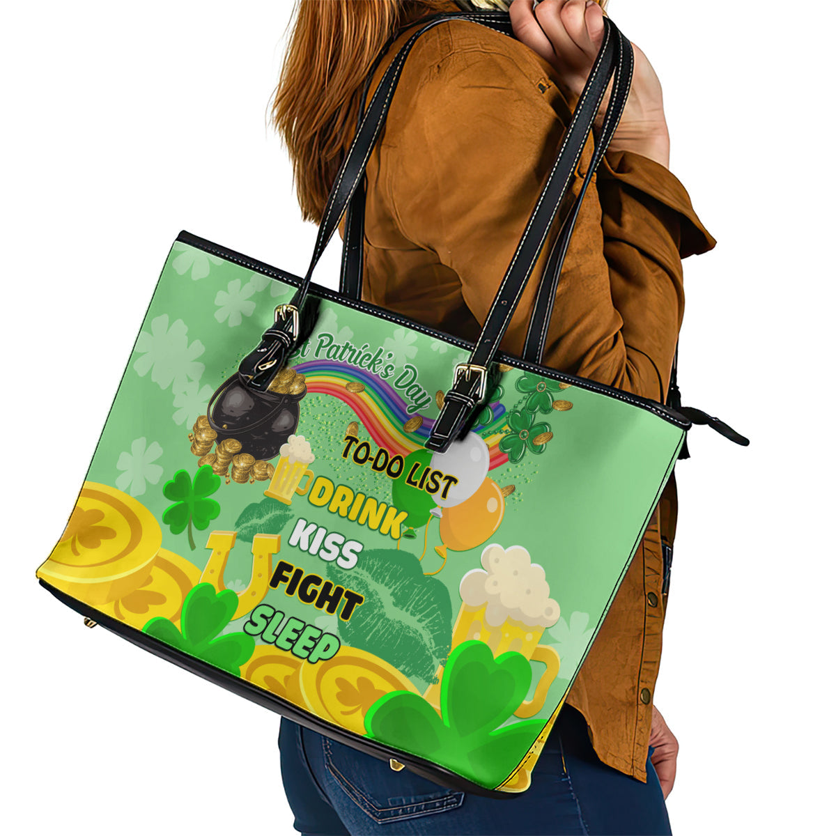 Saint Patrick Day Leather Tote Bag Shamrock To Do List LT01