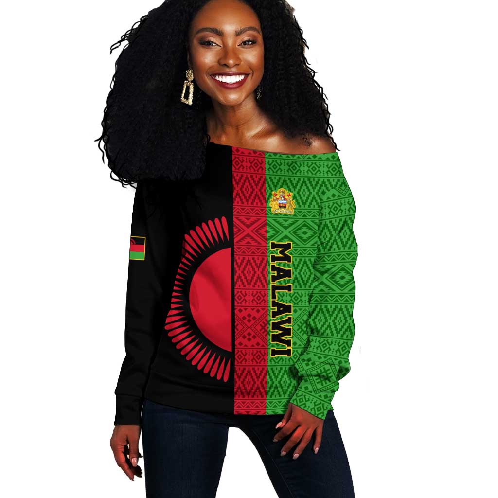 Personalized Malawi Off Shoulder Sweater with Coat of Arms and African Pattern LT01