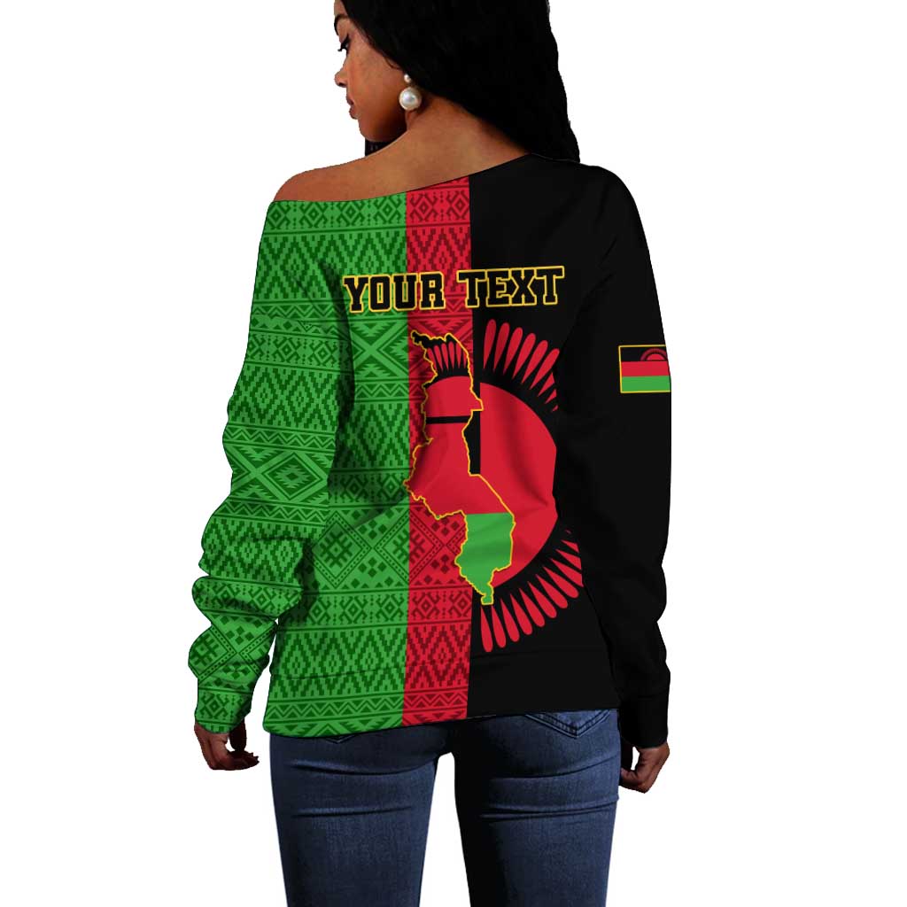 Personalized Malawi Off Shoulder Sweater with Coat of Arms and African Pattern LT01