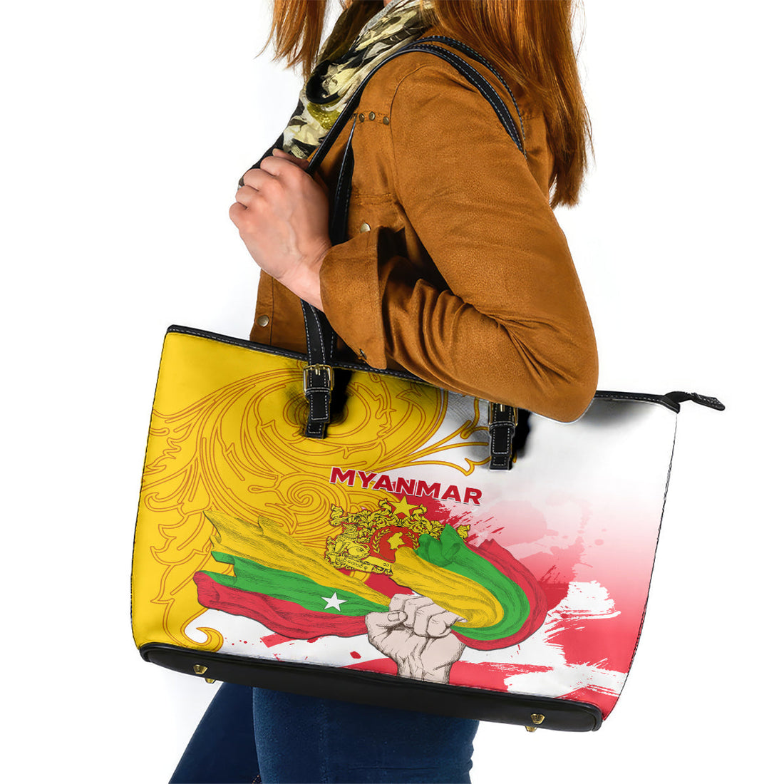 Myanmar Independence Day Leather Tote Bag Brahmadesh Kanote Pattern LT01