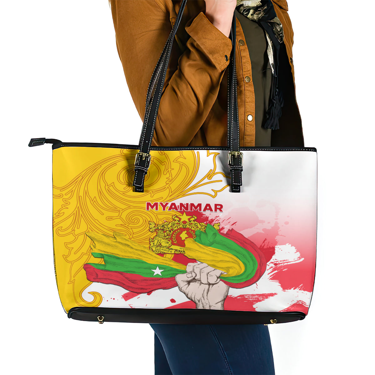 Myanmar Independence Day Leather Tote Bag Brahmadesh Kanote Pattern LT01