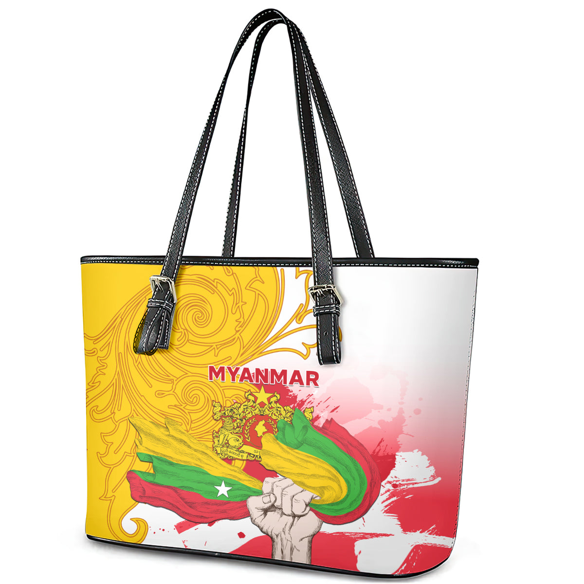 Myanmar Independence Day Leather Tote Bag Brahmadesh Kanote Pattern LT01