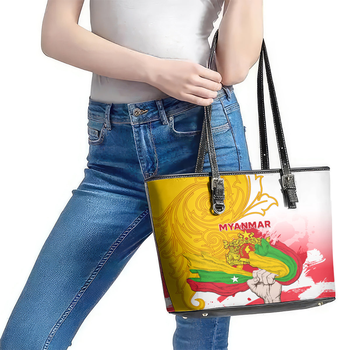 Myanmar Independence Day Leather Tote Bag Brahmadesh Kanote Pattern LT01