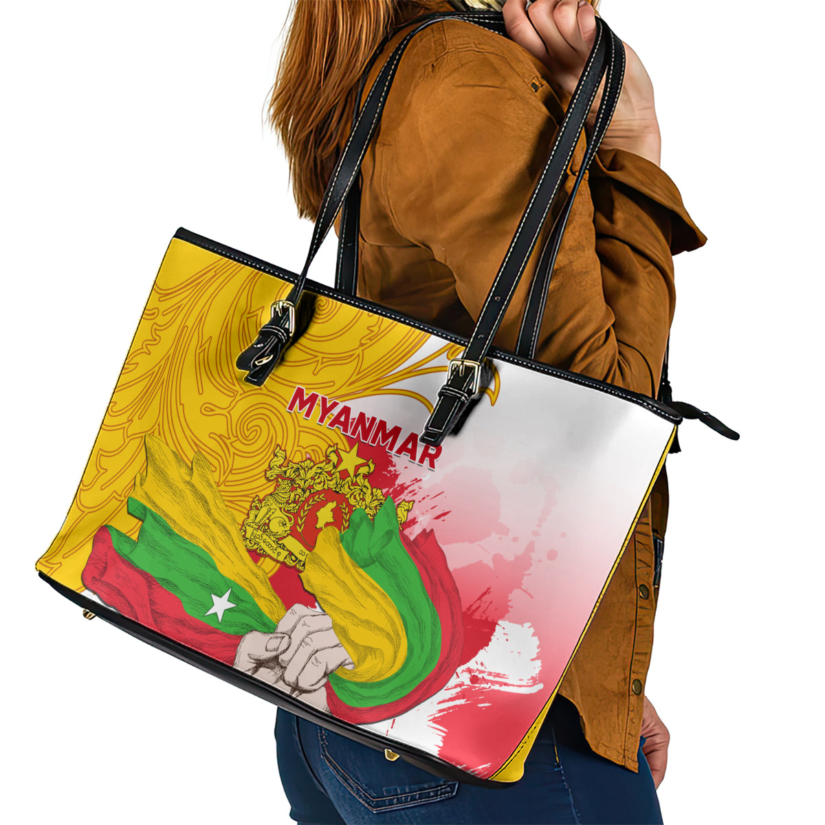 Myanmar Independence Day Leather Tote Bag Brahmadesh Kanote Pattern LT01