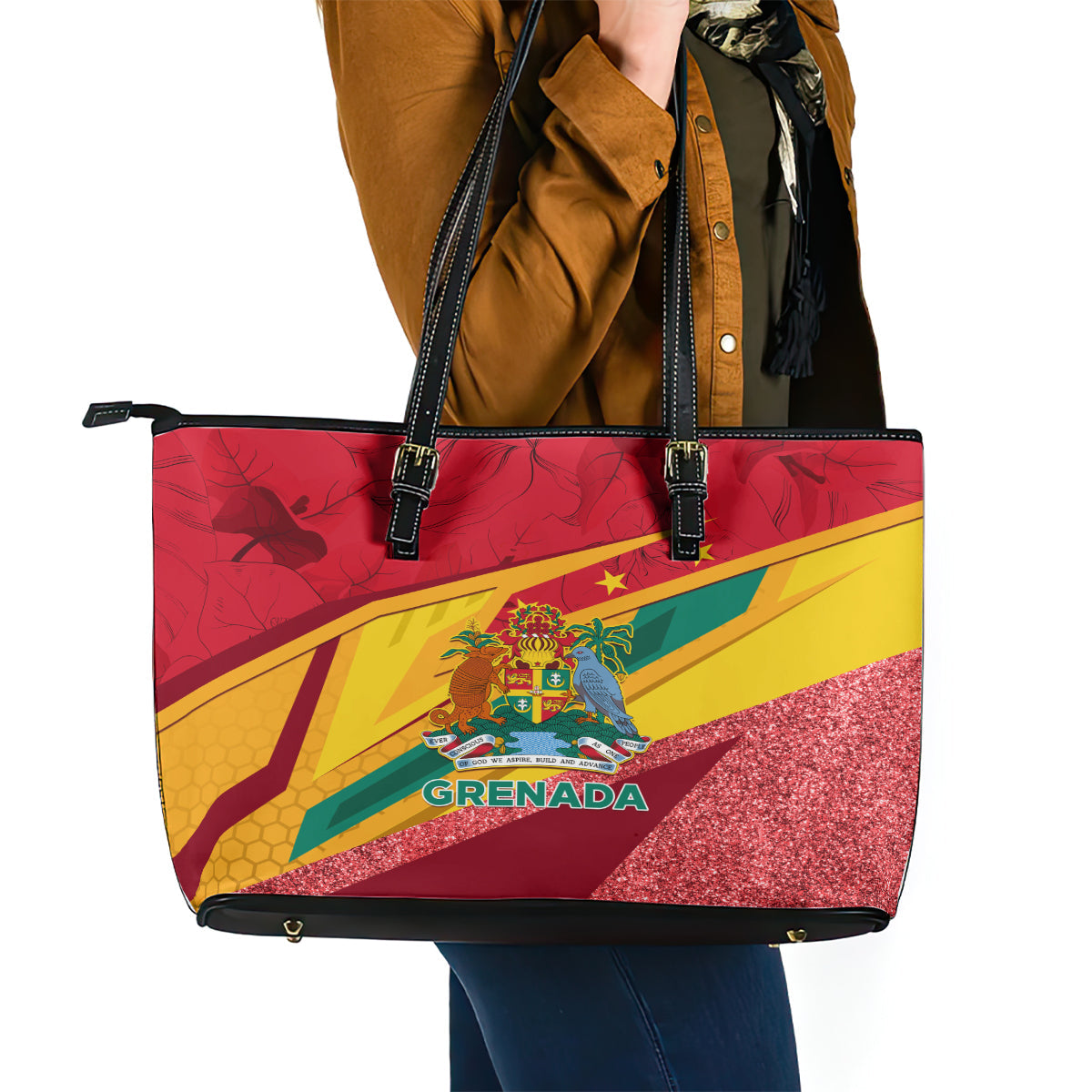 Grenada Independence Day Leather Tote Bag Gwenad Bougainvillea Sparkle Version LT01