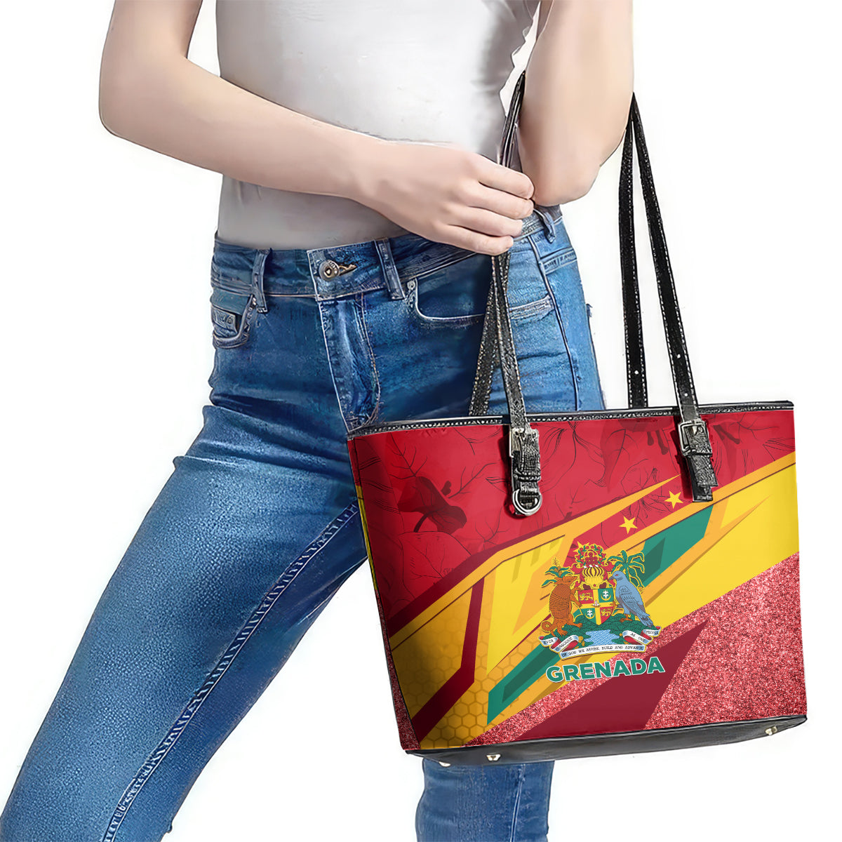 Grenada Independence Day Leather Tote Bag Gwenad Bougainvillea Sparkle Version LT01