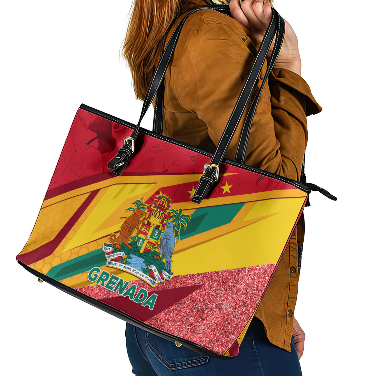 Grenada Independence Day Leather Tote Bag Gwenad Bougainvillea Sparkle Version LT01