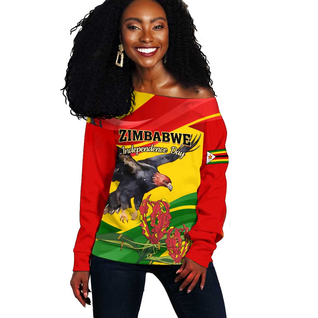Zimbabwe Independence Day Off Shoulder Sweater Featuring Chapungu Bird and Flame Lily LT01