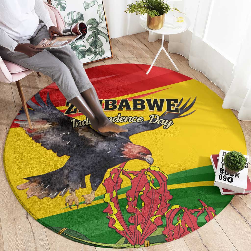 Zimbabwe Independence Day Round Carpet Featuring Chapungu Bird and Flame Lily LT01