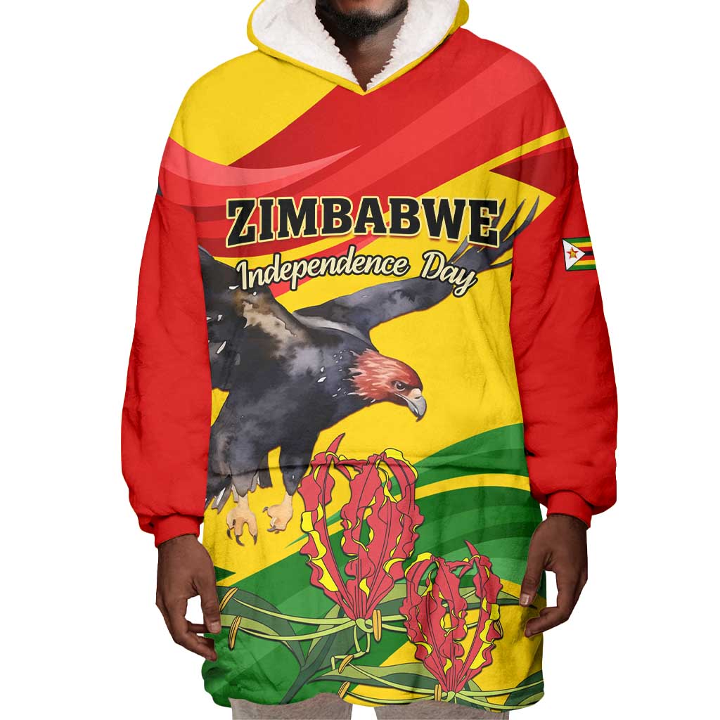 Zimbabwe Independence Day Wearable Blanket Hoodie Featuring Chapungu Bird and Flame Lily LT01
