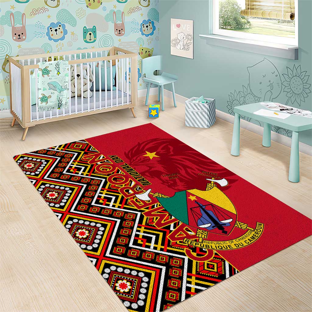 Cameroon National Day Area Rug Cameroun Coat Of Arms Ankara Pattern LT01