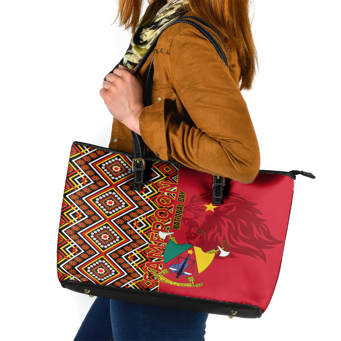Cameroon National Day Leather Tote Bag Cameroun Coat Of Arms Ankara Pattern LT01