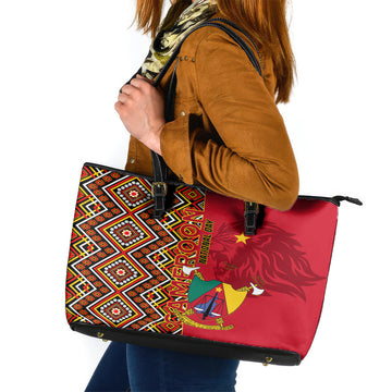 Cameroon National Day Leather Tote Bag Cameroun Coat Of Arms Ankara Pattern LT01