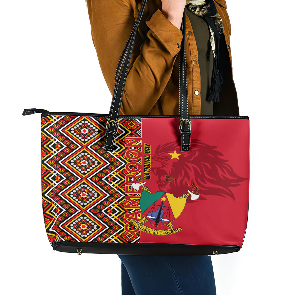 Cameroon National Day Leather Tote Bag Cameroun Coat Of Arms Ankara Pattern LT01