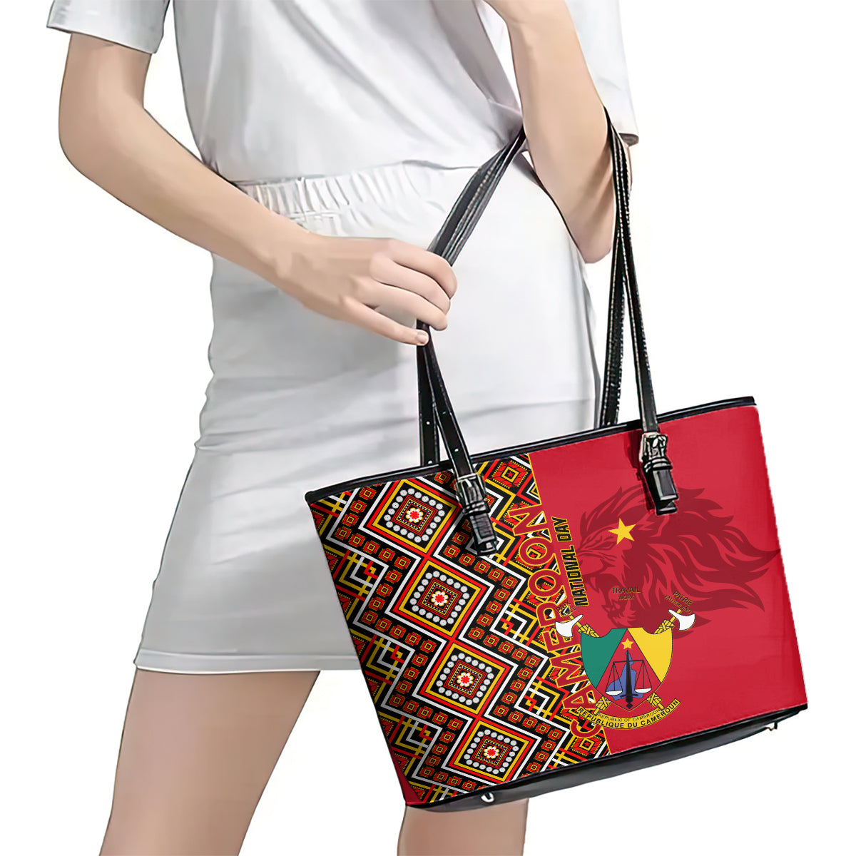 Cameroon National Day Leather Tote Bag Cameroun Coat Of Arms Ankara Pattern LT01