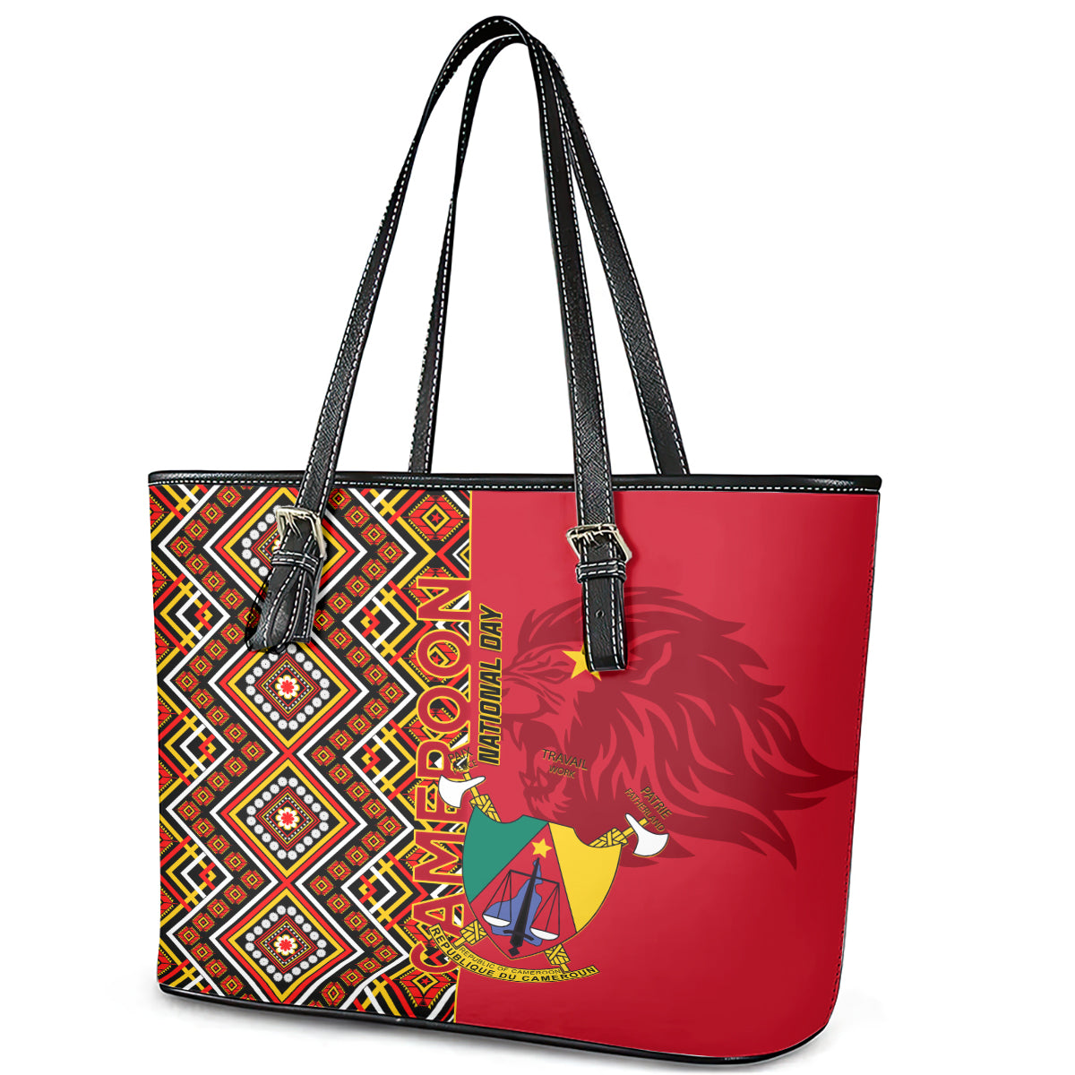 Cameroon National Day Leather Tote Bag Cameroun Coat Of Arms Ankara Pattern LT01