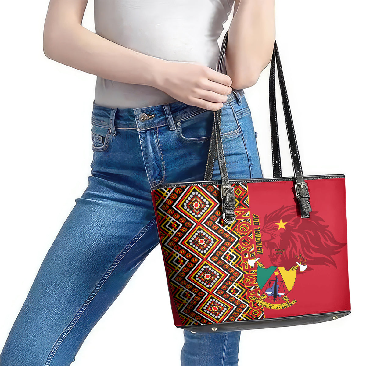 Cameroon National Day Leather Tote Bag Cameroun Coat Of Arms Ankara Pattern LT01