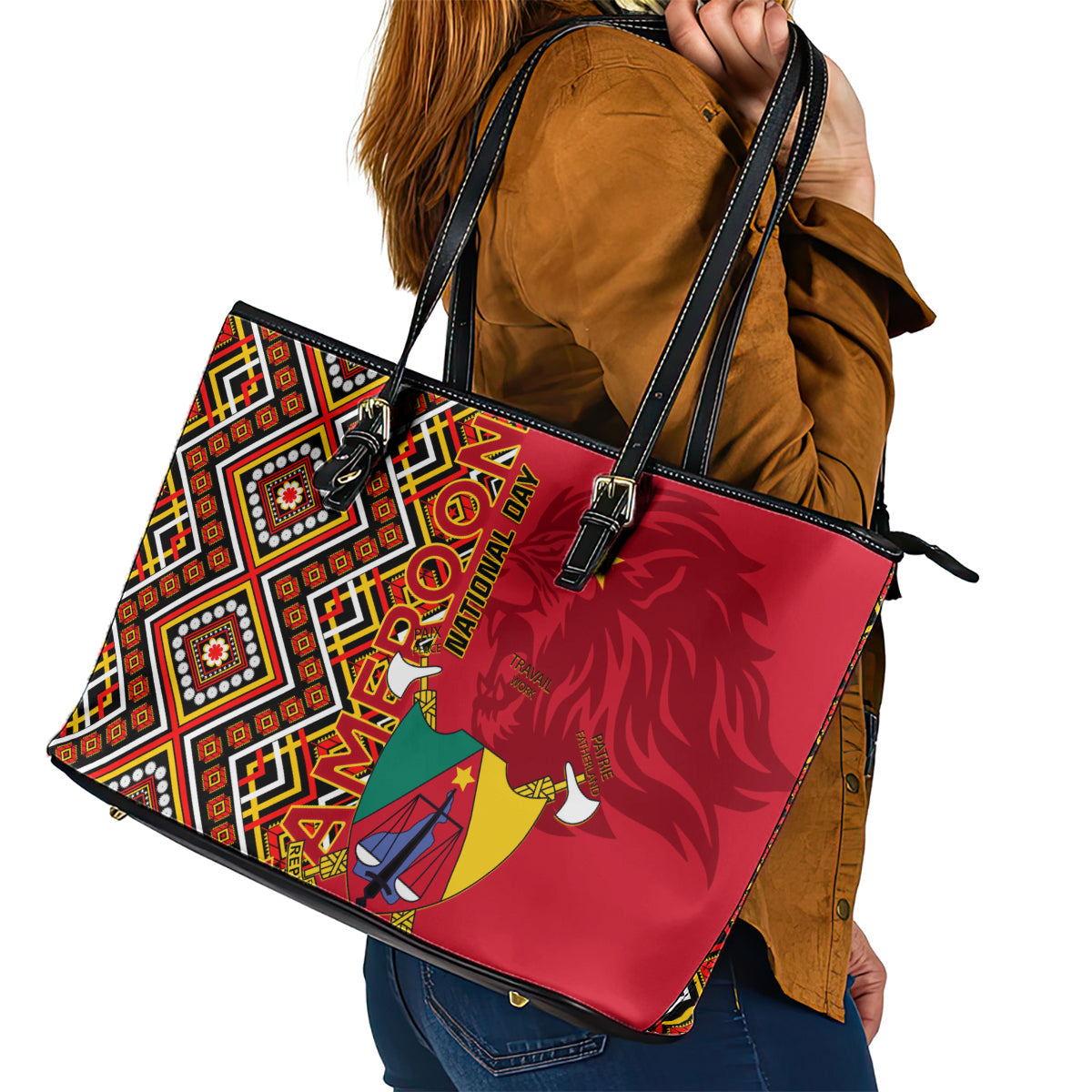Cameroon National Day Leather Tote Bag Cameroun Coat Of Arms Ankara Pattern LT01