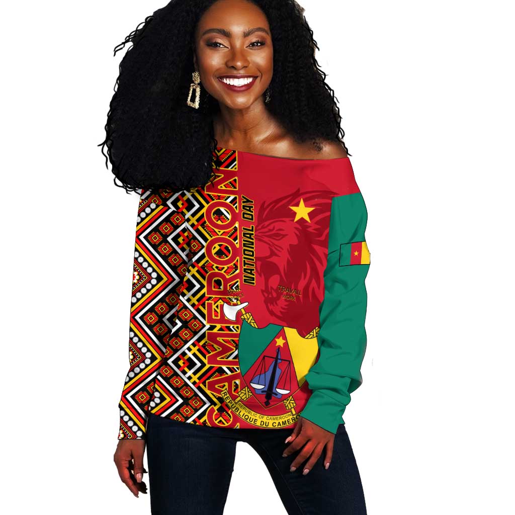 Cameroon National Day Off Shoulder Sweater Cameroun Coat Of Arms Ankara Pattern LT01