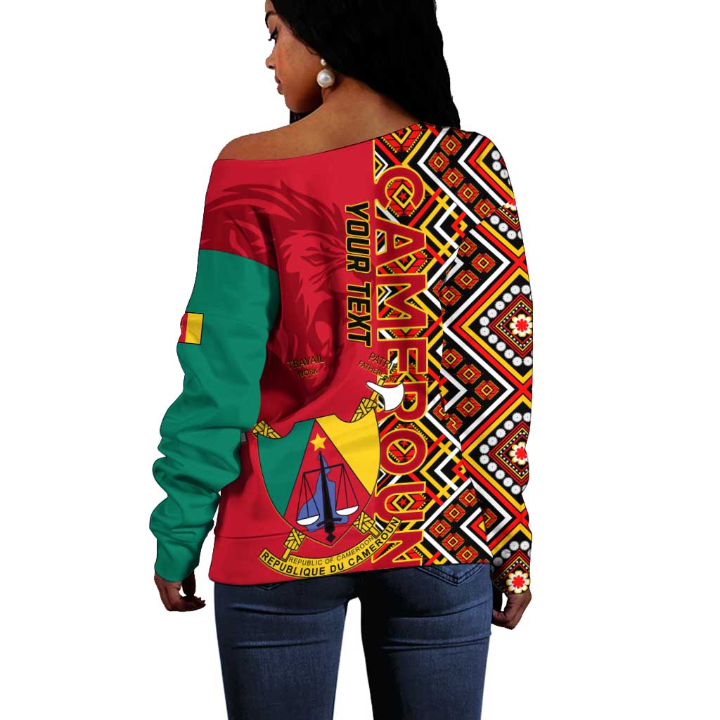 Cameroon National Day Off Shoulder Sweater Cameroun Coat Of Arms Ankara Pattern LT01