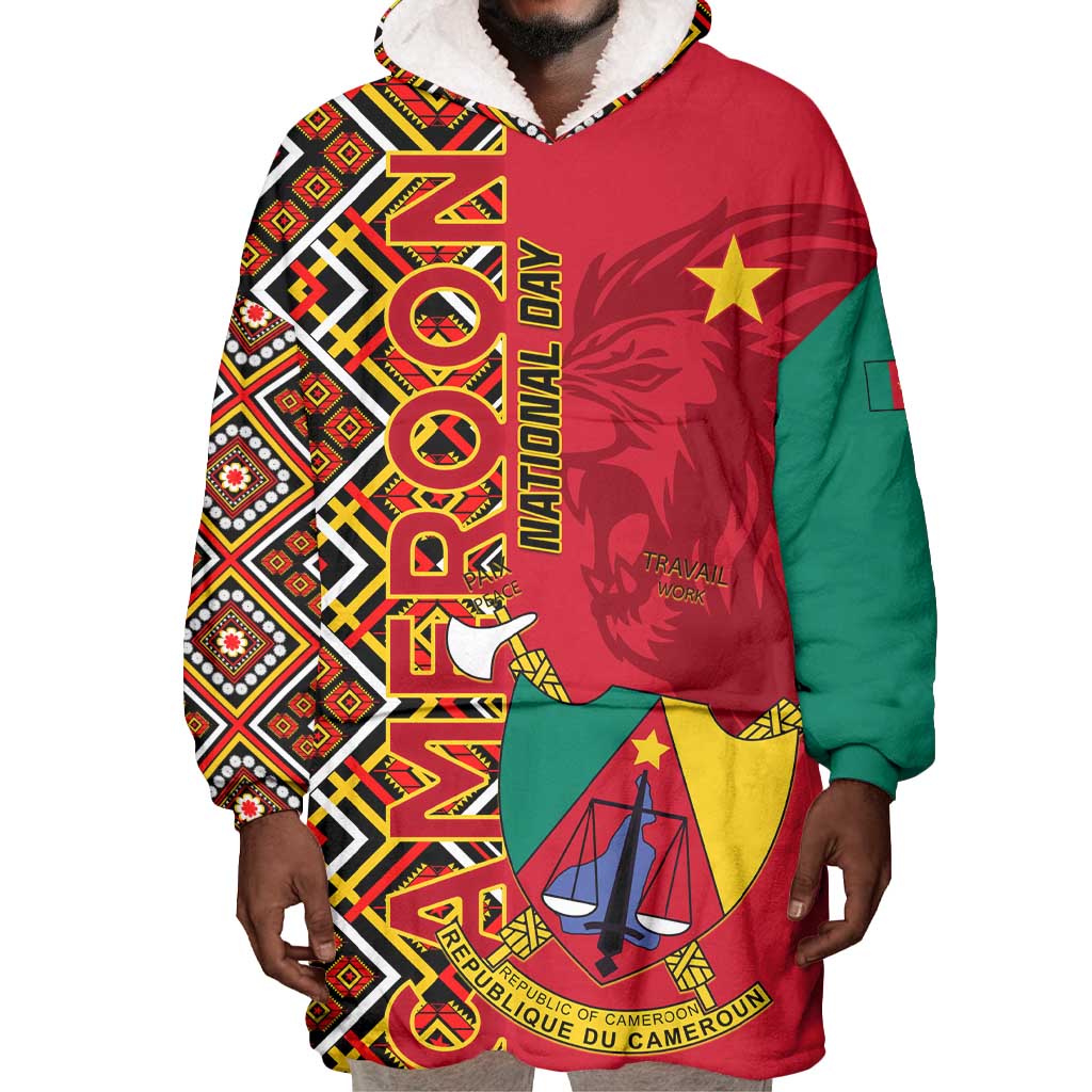 Cameroon National Day Wearable Blanket Hoodie Cameroun Coat Of Arms Ankara Pattern LT01