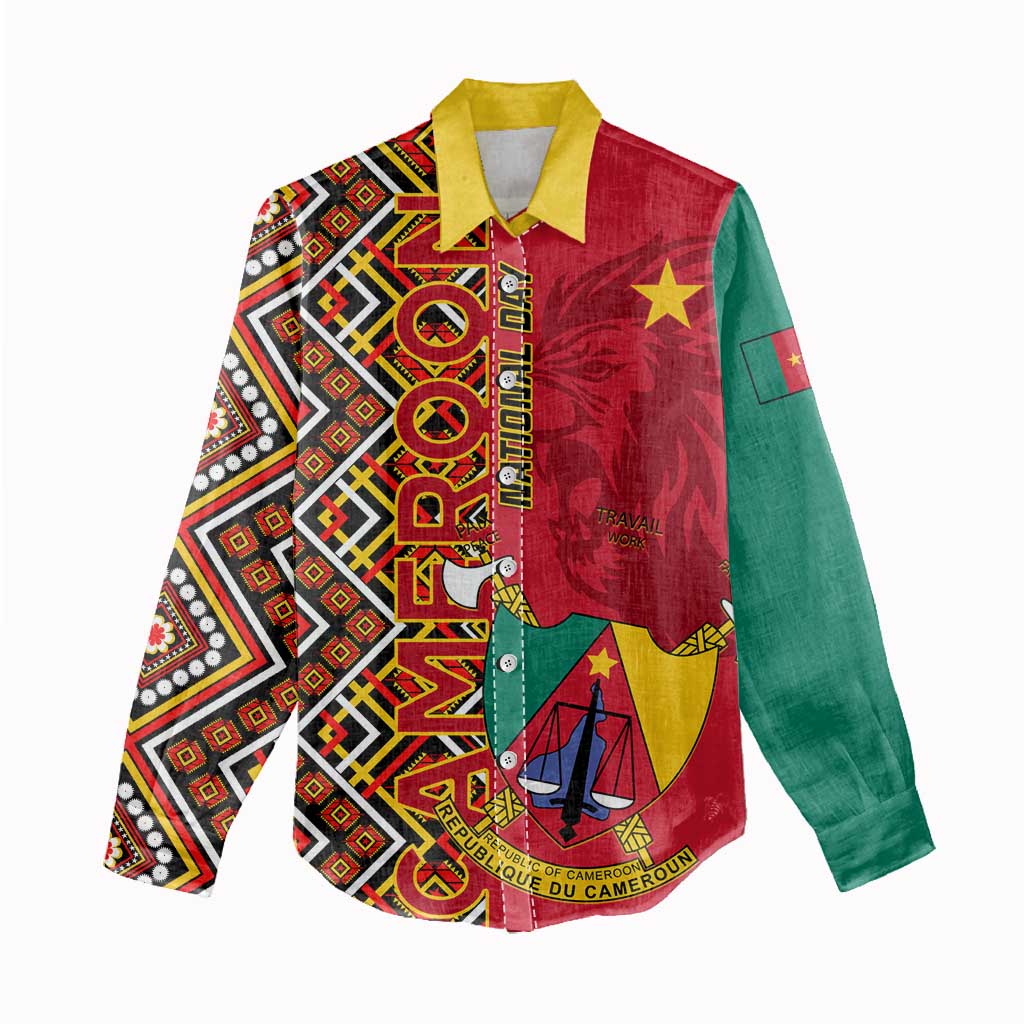 Cameroon National Day Women Casual Shirt Cameroun Coat Of Arms Ankara Pattern LT01