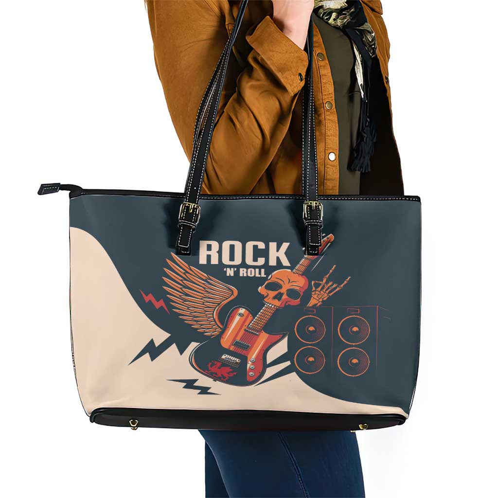 Rock and Roll Skull Guitar Leather Tote Bag Welsh Dragon LT01