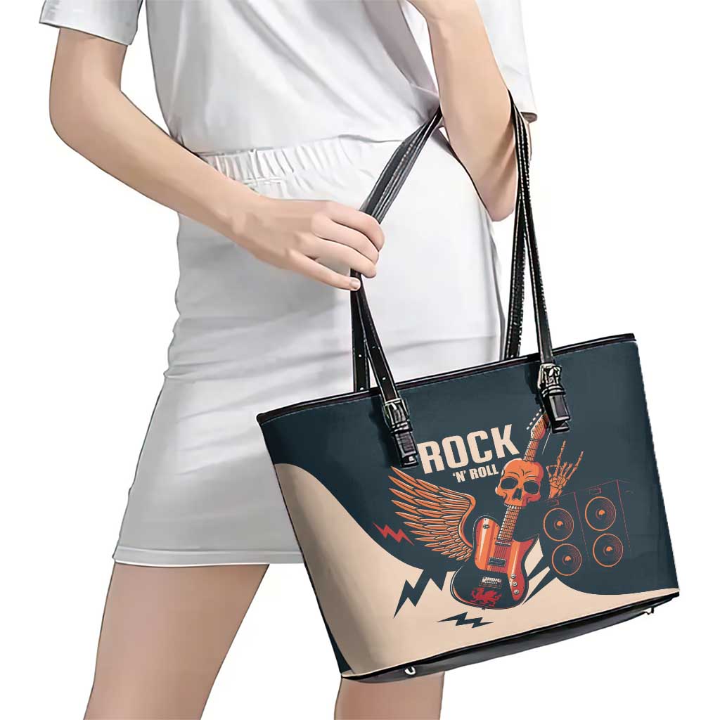 Rock and Roll Skull Guitar Leather Tote Bag Welsh Dragon LT01