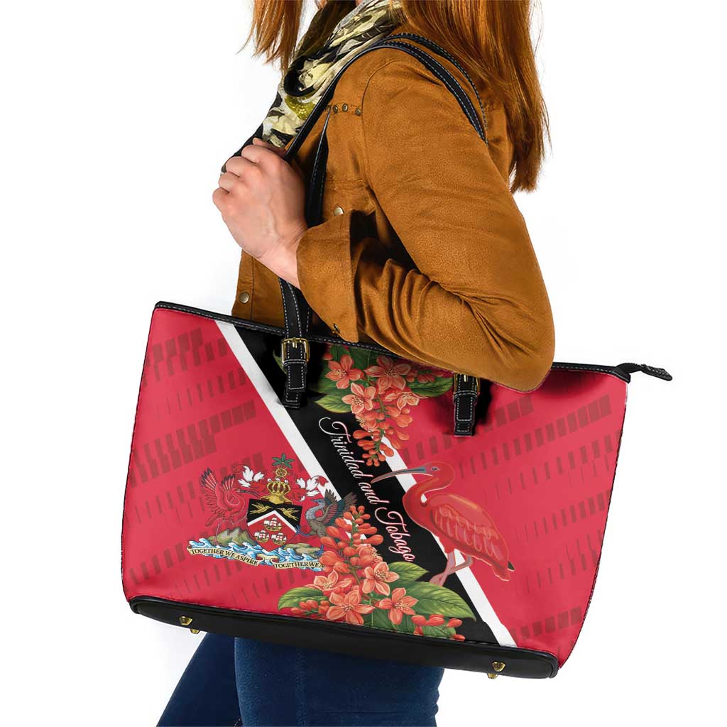 Trinidad and Tobago Leather Tote Bag Scarlet Ibis With Chaconia Flower LT01
