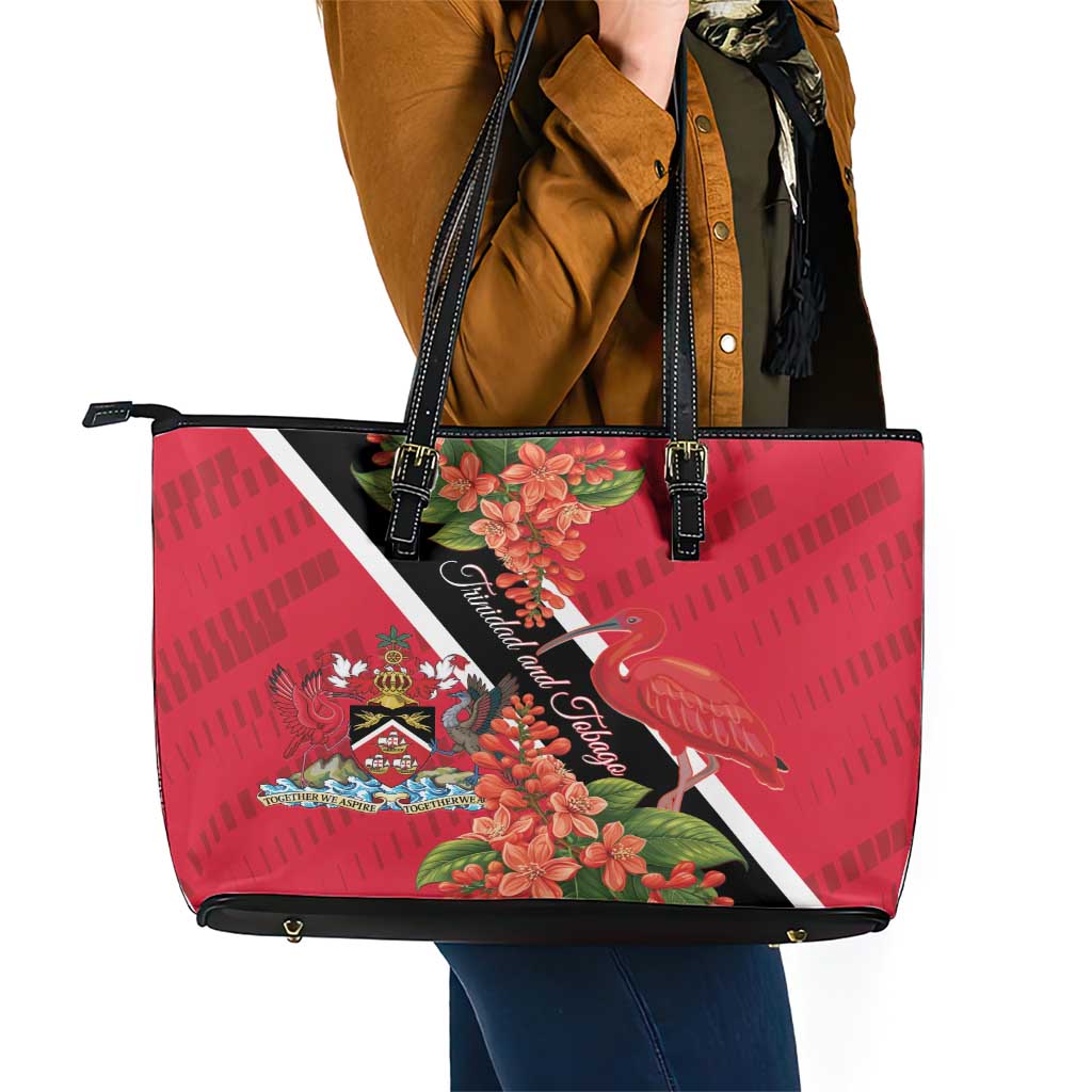 Trinidad and Tobago Leather Tote Bag Scarlet Ibis With Chaconia Flower LT01