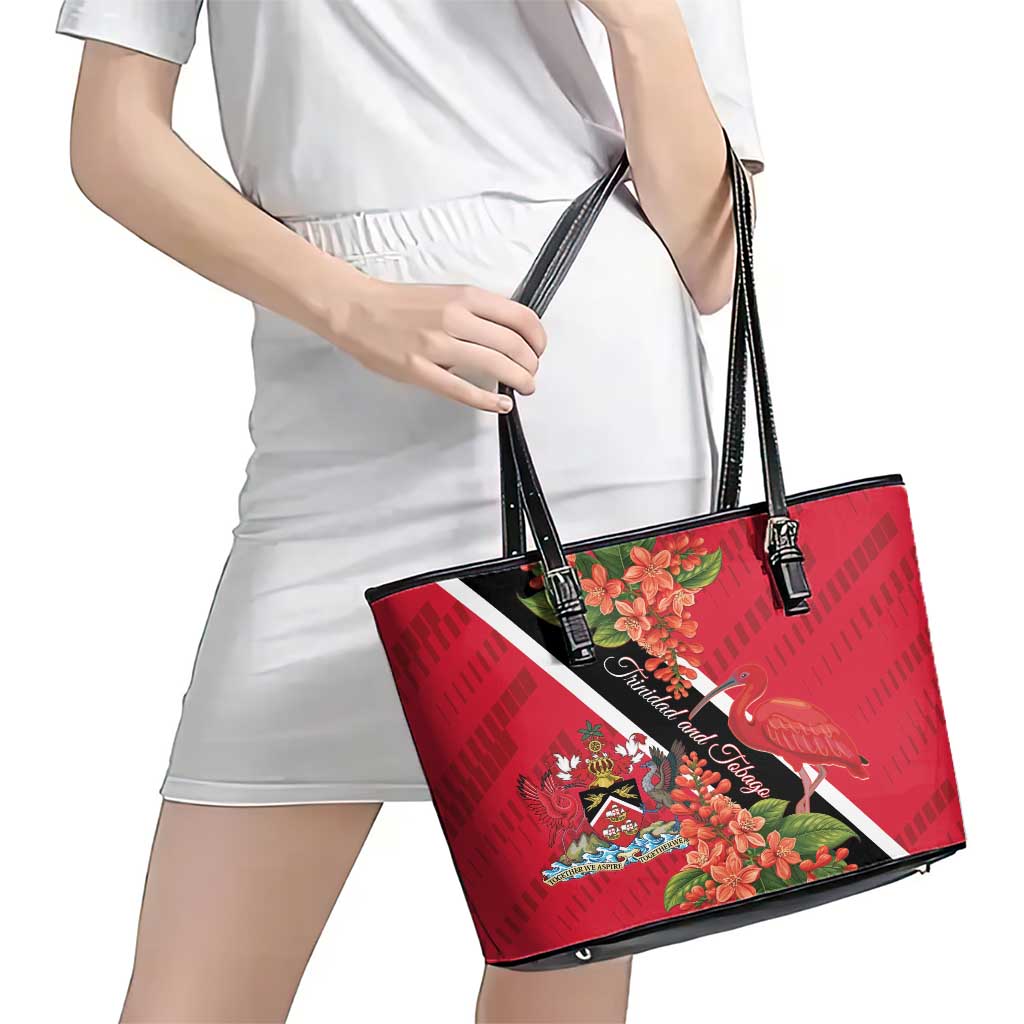 Trinidad and Tobago Leather Tote Bag Scarlet Ibis With Chaconia Flower LT01