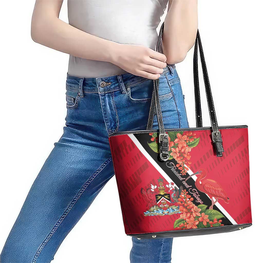 Trinidad and Tobago Leather Tote Bag Scarlet Ibis With Chaconia Flower LT01