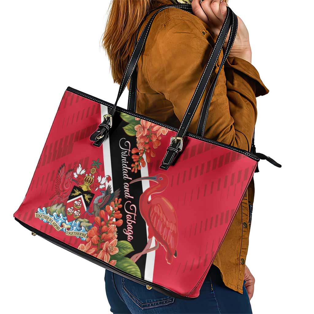 Trinidad and Tobago Leather Tote Bag Scarlet Ibis With Chaconia Flower LT01