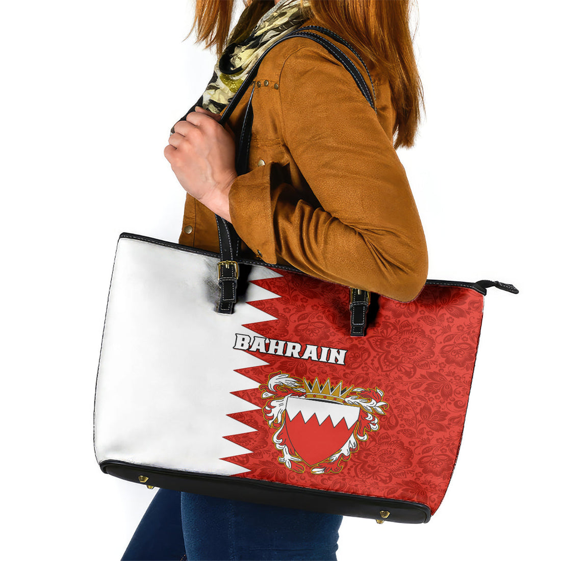 Bahrain Independence Day Leather Tote Bag Bahrayn Coat Of Arms Floral Pattern LT01