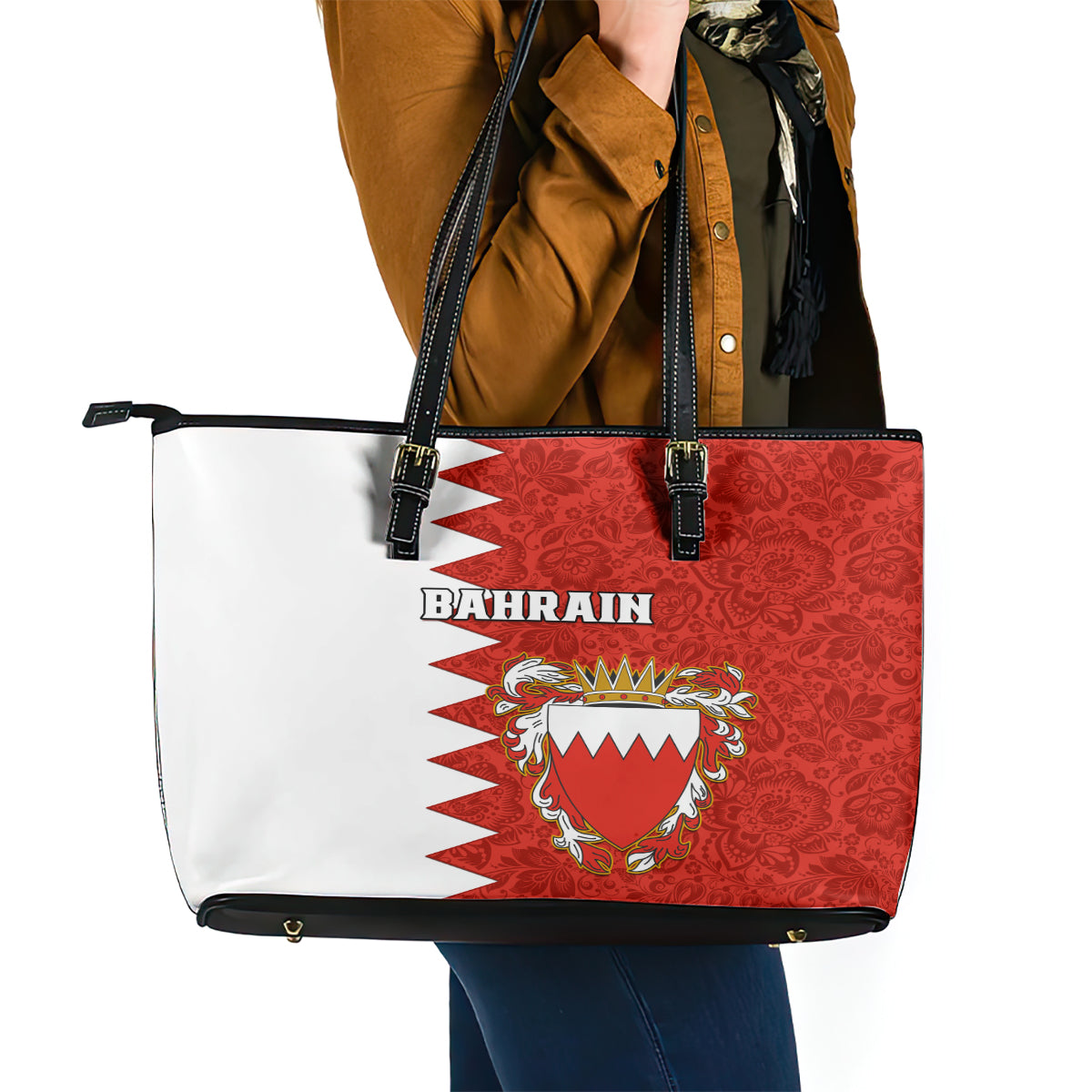 Bahrain Independence Day Leather Tote Bag Bahrayn Coat Of Arms Floral Pattern LT01