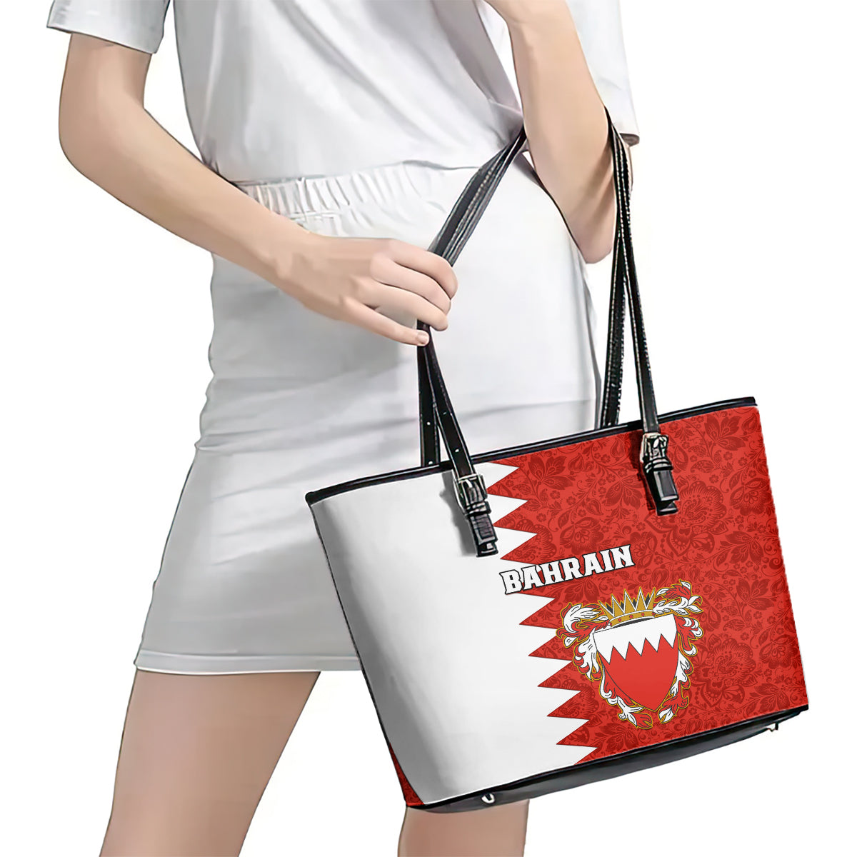 Bahrain Independence Day Leather Tote Bag Bahrayn Coat Of Arms Floral Pattern LT01