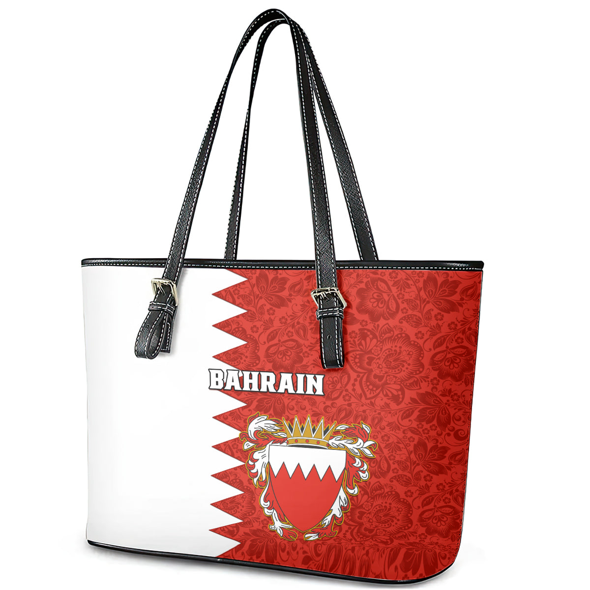 Bahrain Independence Day Leather Tote Bag Bahrayn Coat Of Arms Floral Pattern LT01
