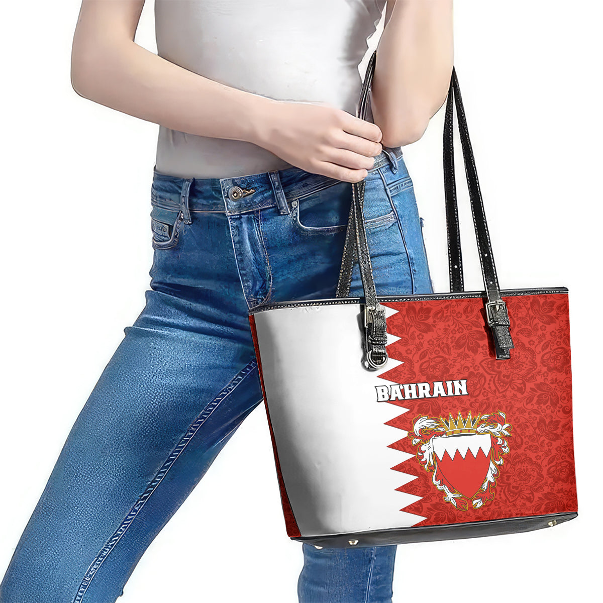 Bahrain Independence Day Leather Tote Bag Bahrayn Coat Of Arms Floral Pattern LT01