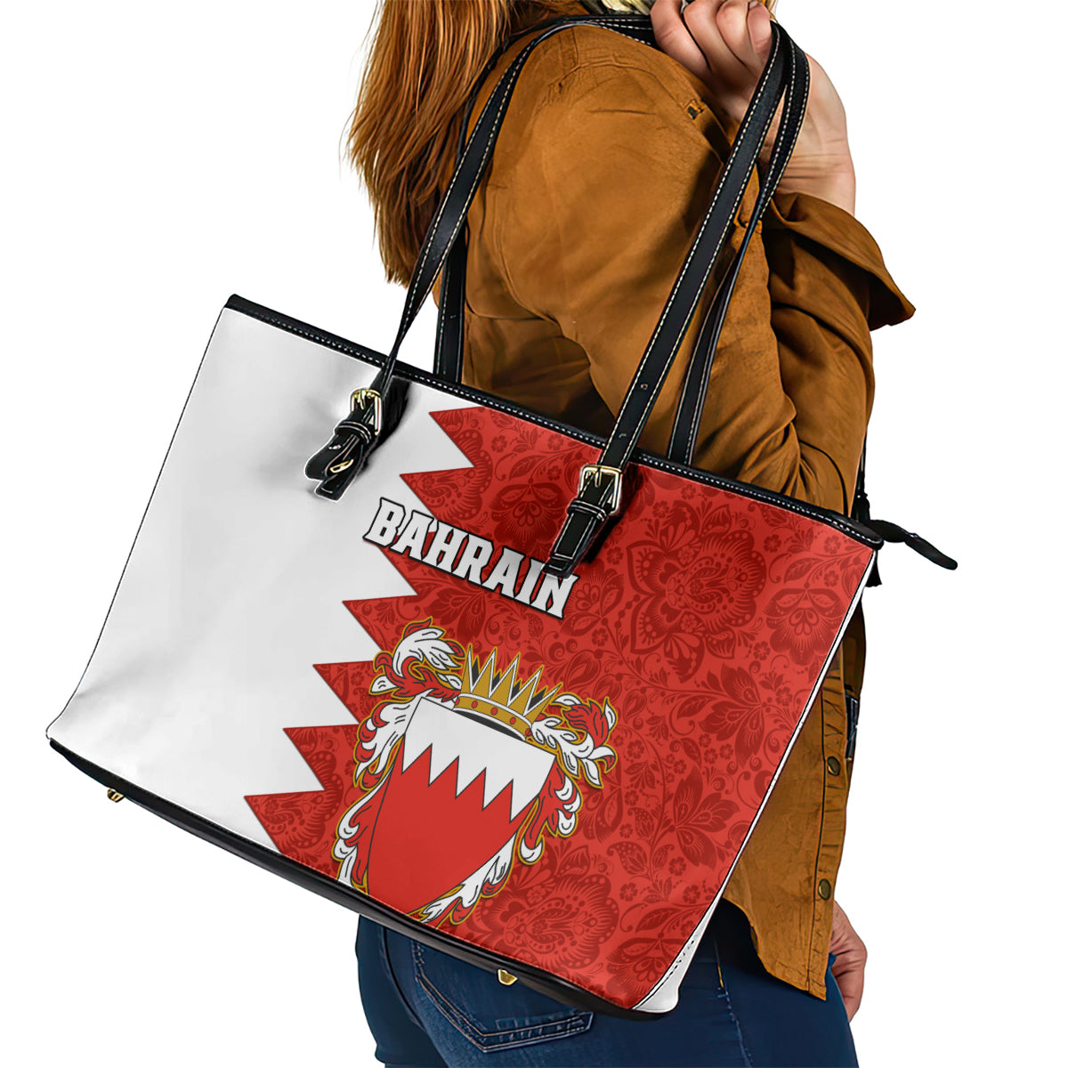 Bahrain Independence Day Leather Tote Bag Bahrayn Coat Of Arms Floral Pattern LT01