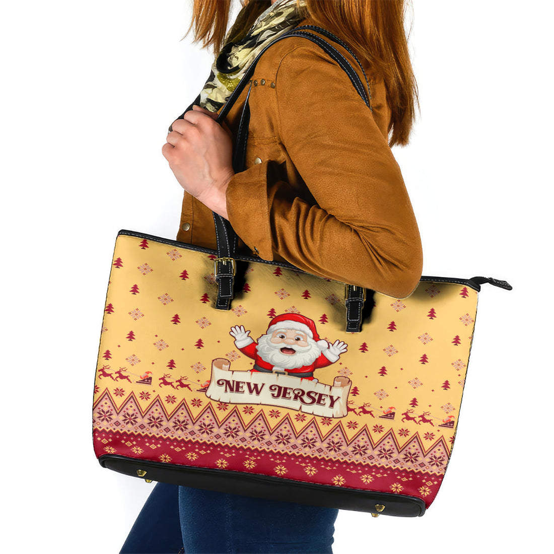 New Jersey Christmas Leather Tote Bag Cheerful Santa Claus Xmas Pattern LT01