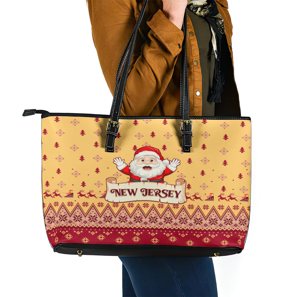 New Jersey Christmas Leather Tote Bag Cheerful Santa Claus Xmas Pattern LT01