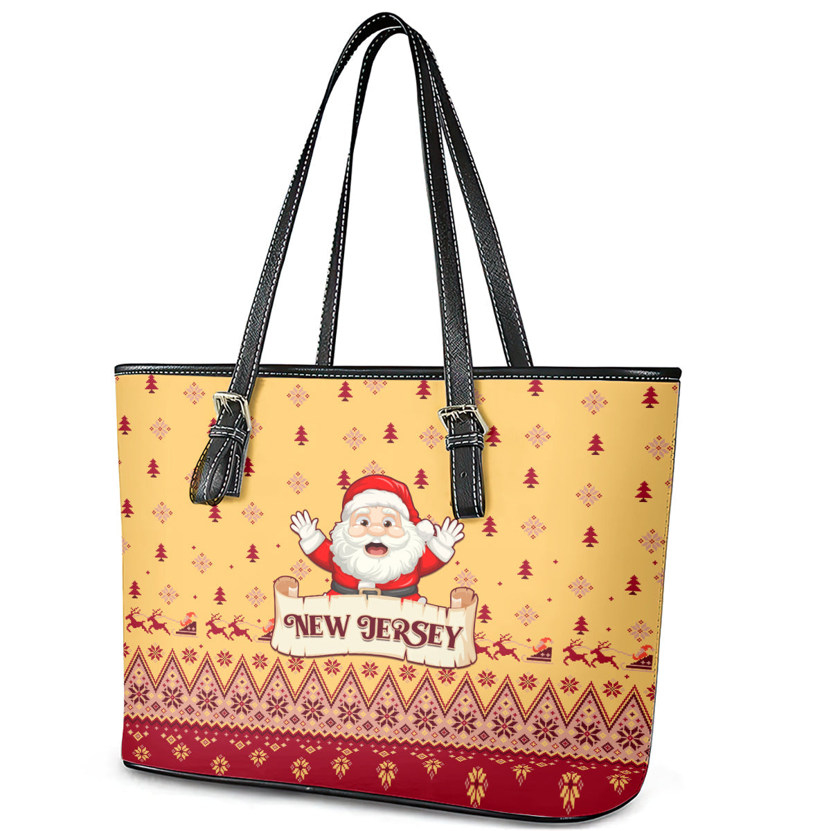 New Jersey Christmas Leather Tote Bag Cheerful Santa Claus Xmas Pattern LT01
