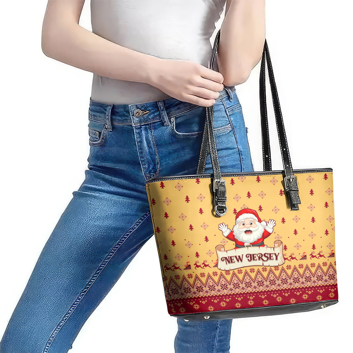 New Jersey Christmas Leather Tote Bag Cheerful Santa Claus Xmas Pattern LT01